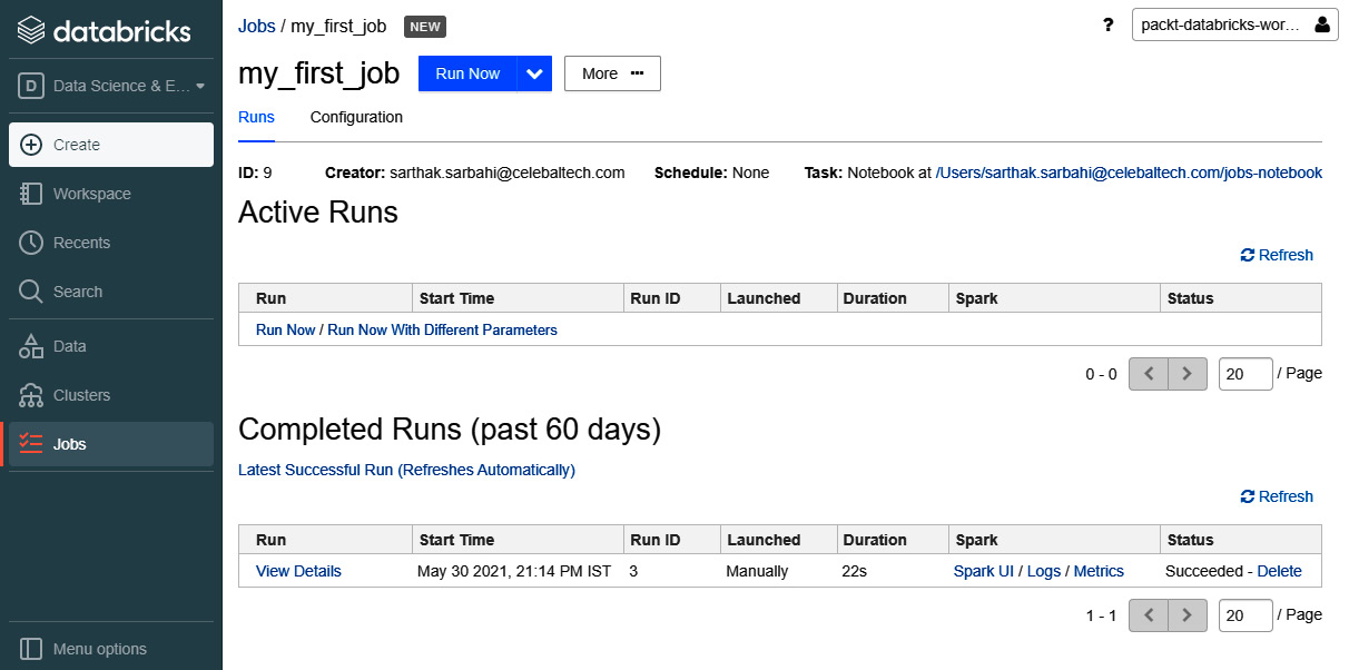 Figure 1.16 – Successful manual run of a Databricks job
