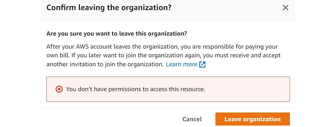 Figure 1.20 – SCPs prevent the root user of DevAccount from leaving the organization