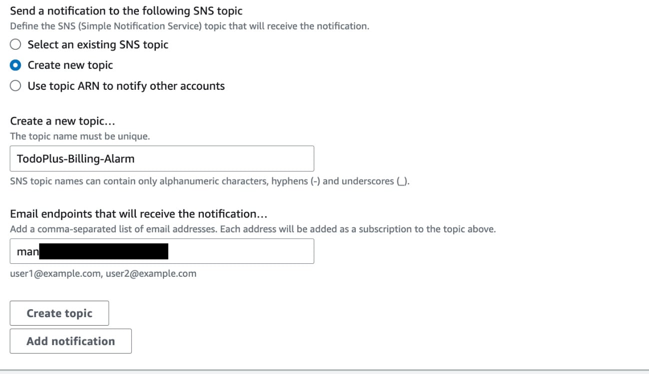 Figure 1.24 – Creating a notification topic and defining an email endpoint