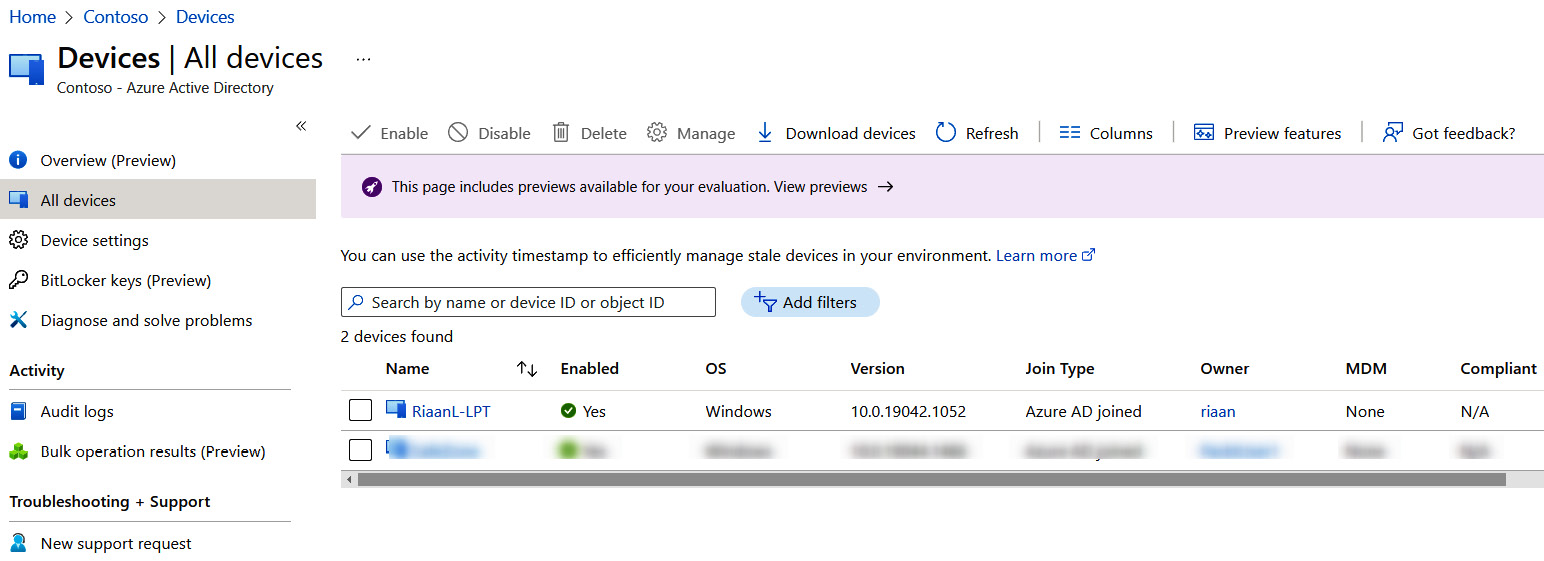 Figure 1.16 – The Azure AD All devices blade displaying all of the devices linked to Azure AD 
