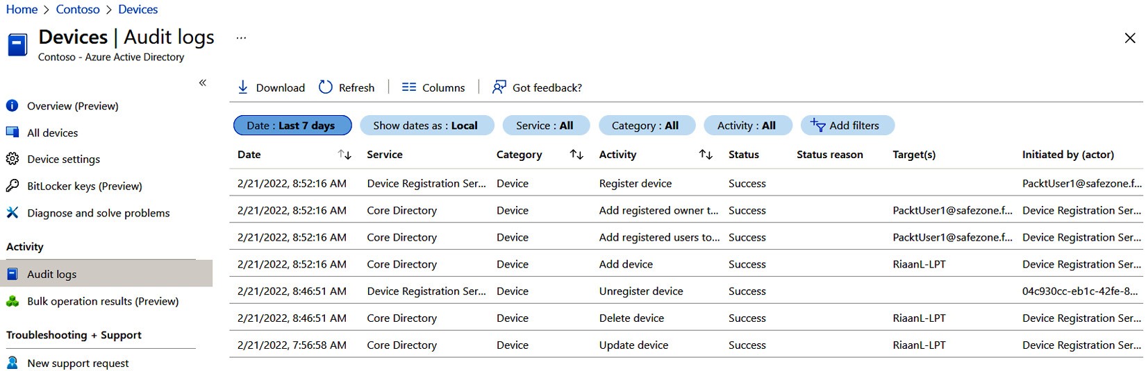 Figure 1.18 – The Azure AD device Audit logs blade
