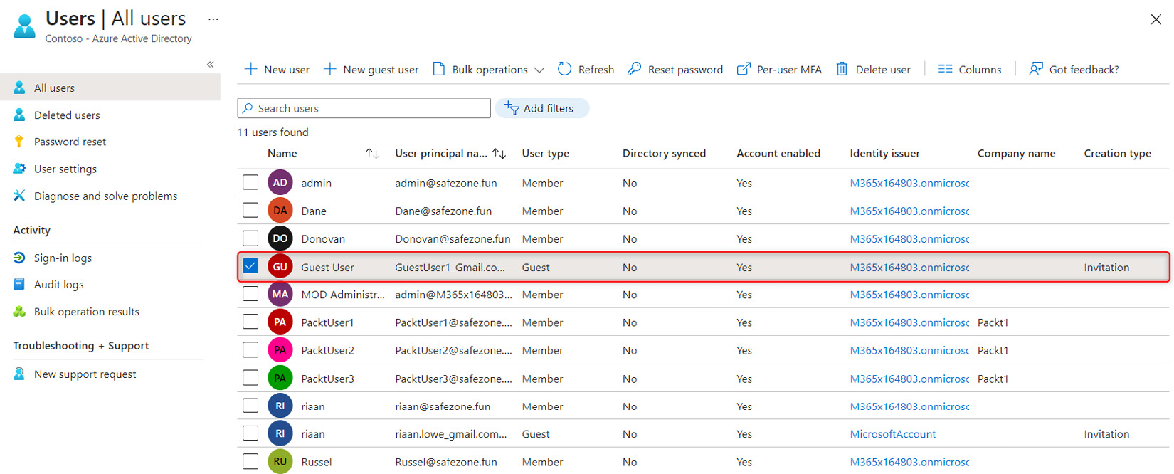 Figure 1.24 – The Azure AD Users blade displaying the account as Guest under User type
