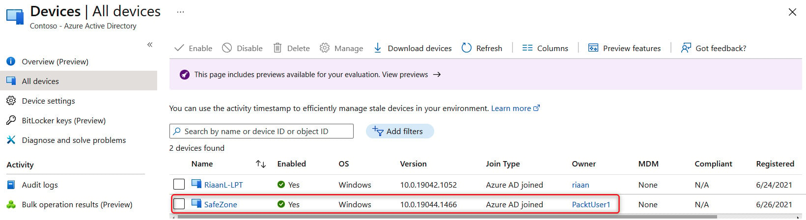 Figure 1.30 – Displaying the recently joined Windows 10 device in Azure AD under the Devices blade
