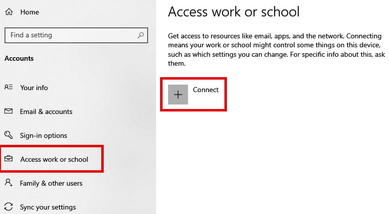 Figure 1.25 – The Windows 10 settings menu to add and connect a device to Azure AD
