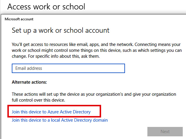 Figure 1.26 – The Windows 10 device with the selected option to join the device to Azure AD
