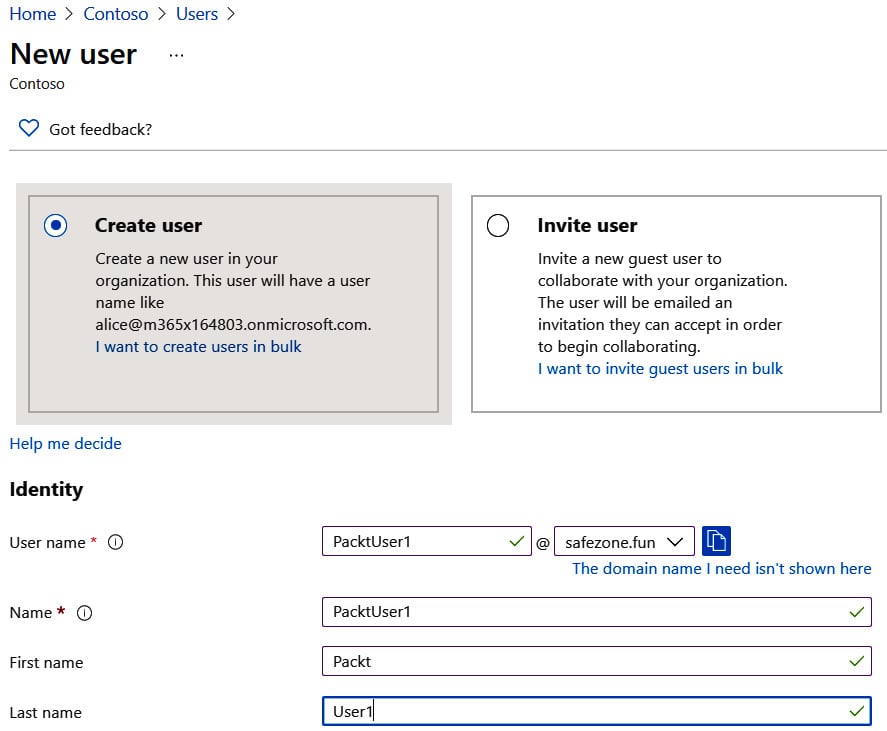 Figure 1.2 – The Azure AD user creation page part 1
