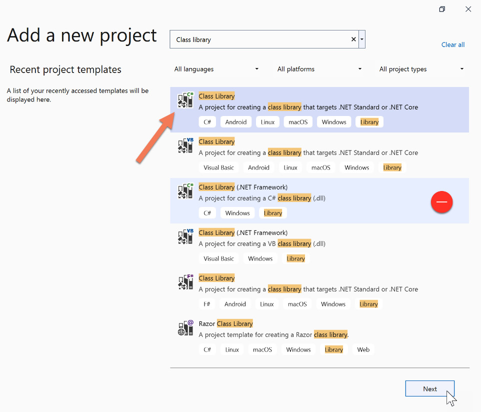 Figure 1.4 – Finding the Class Library (C#) project template
