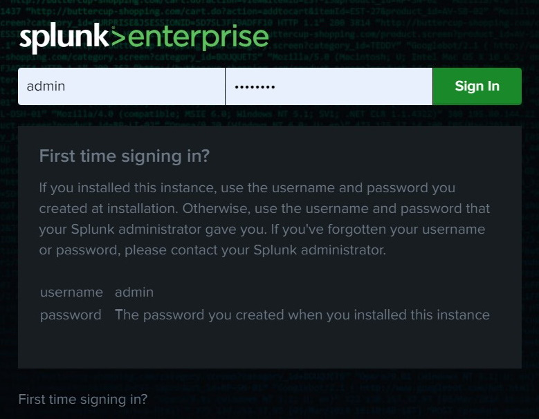 Figure 1.12: Splunk Enterprise﻿ – first-time sign-in page