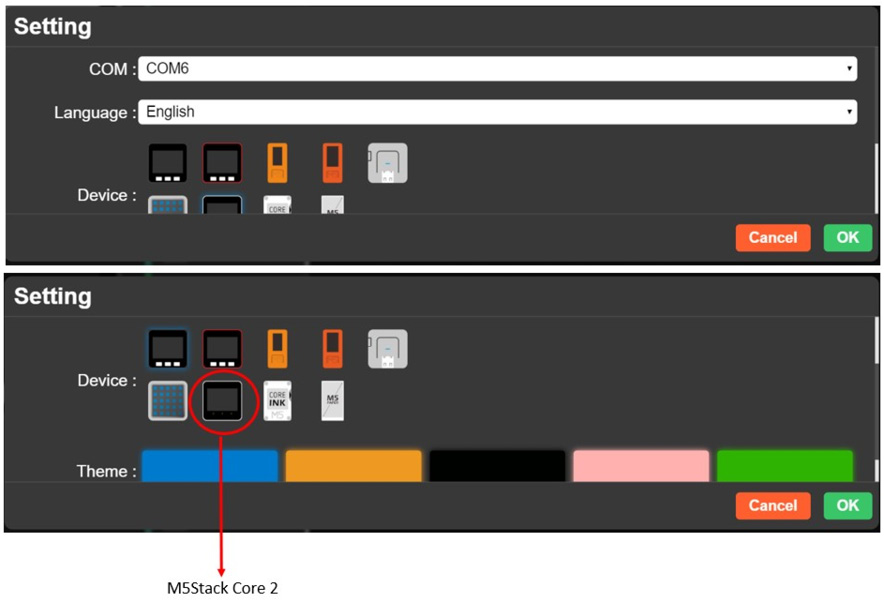 Figure 6.6: COM port and the M5Stack Cor﻿e2 device selection