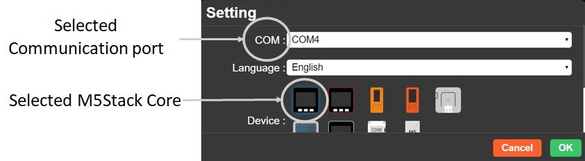 Figure 1.45 – Setting the communication port to select the M5Stack Core device