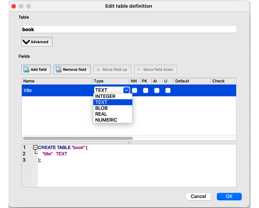 Figure 2.2: Adding a TEXT field named title