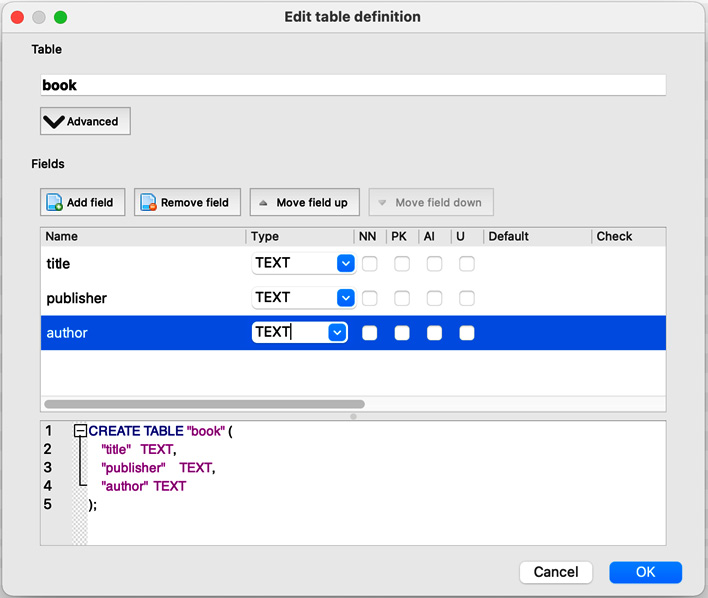 Figure 2.3: Creating TEXT fields named publisher and author