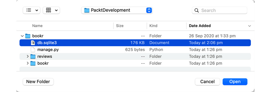 Figure 2.17: Locating db.sqlite3 in the bookr directory