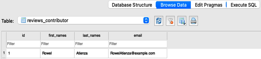 Figure 2.21: Verifying the creation of the record in DB Browser