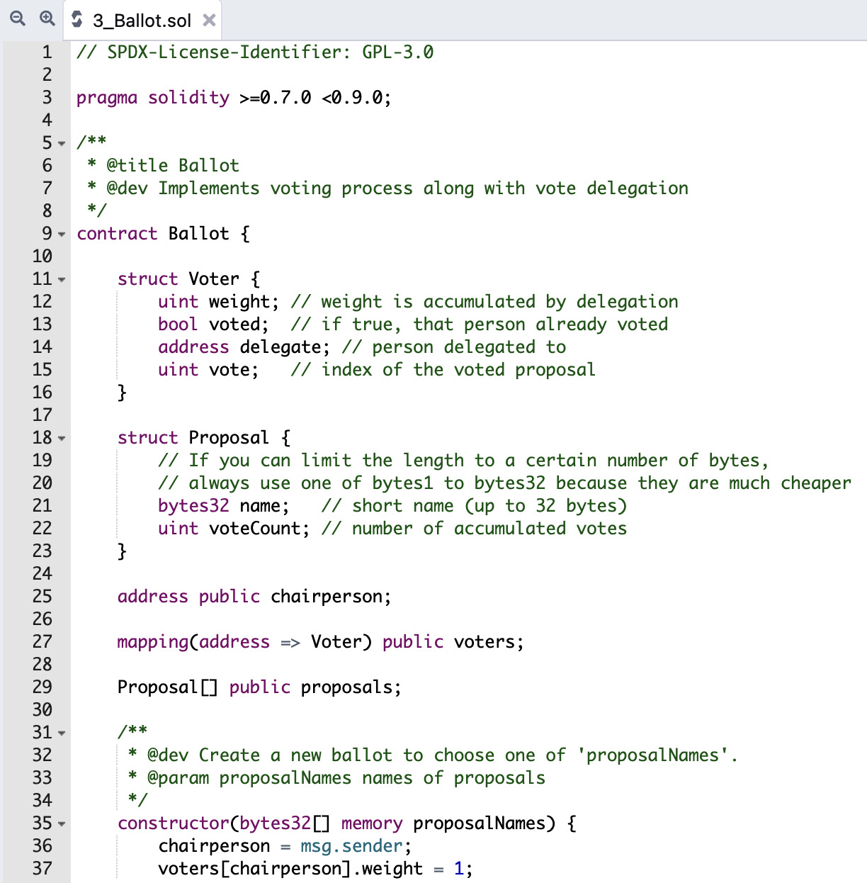 Figure 1.14 – The default Ballot contract in Remix
