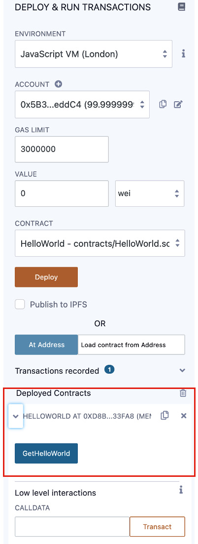 Figure 1.17 – Deploying the HelloWorld smart contract in Remix
