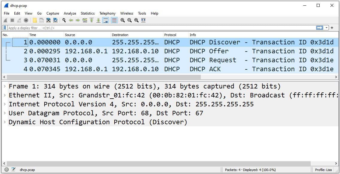 Figure 1.4 – The DORA process in Wireshark
