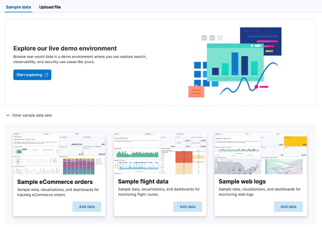 Figure 1.2 – The page of Kibana where you have options to add sample data