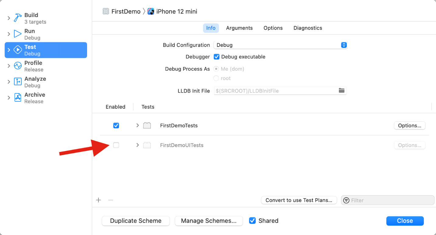 Figure 1.4 – Deselecting the UI test target
