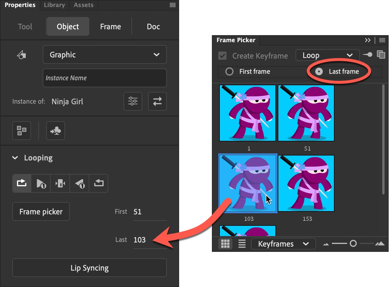 Figure 1.9 – The Last frame option can be chosen from the Properties panel or the Frame Picker panel
