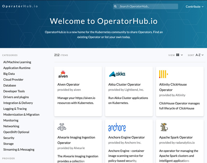 Figure 1.2 – Screenshot of the OperatorHub.io home page, showing some of the most popular Operators
