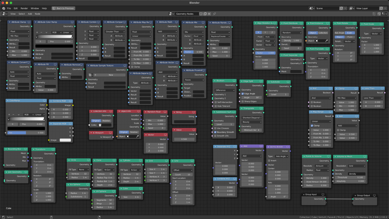 Figure 1.3 – All of the Geometry Nodes currently available in Blender 2.93.2
