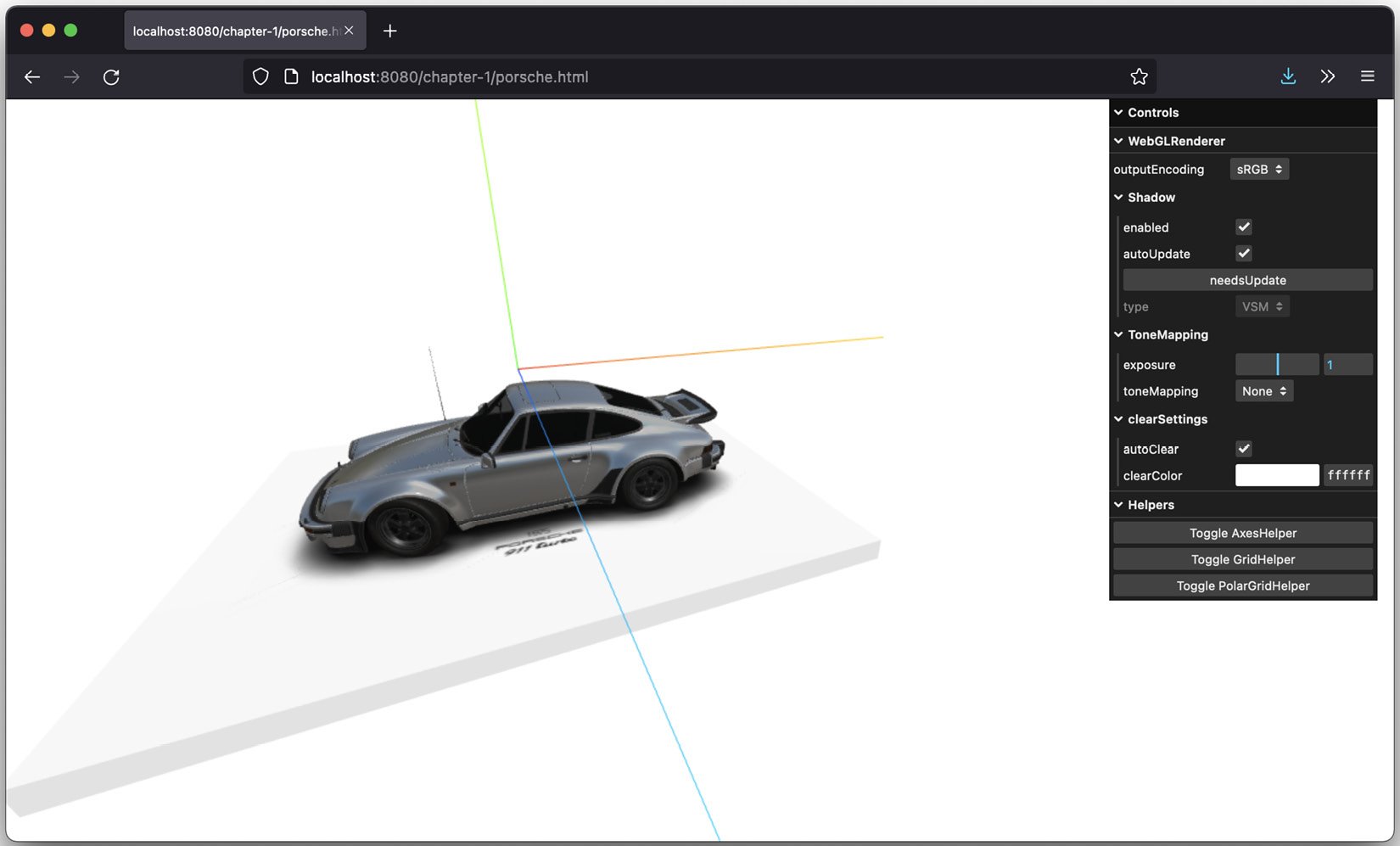 Figure 1.16 – Porsche example with AxesHelper enabled