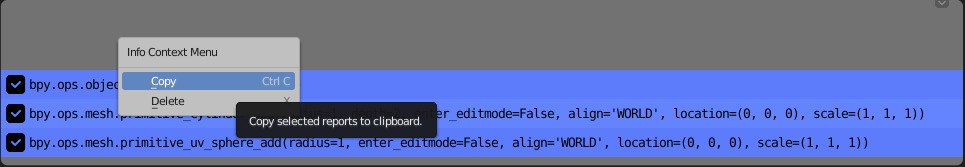 Figure 1.12: Copying Python commands from the Info Log