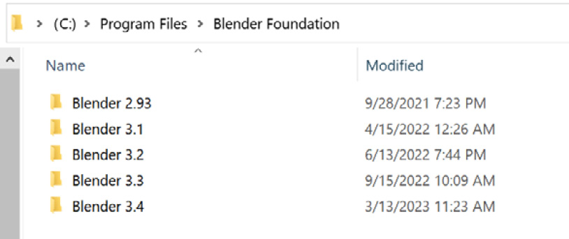 Figure 1.1: Multiple versions of Blender in Program Files