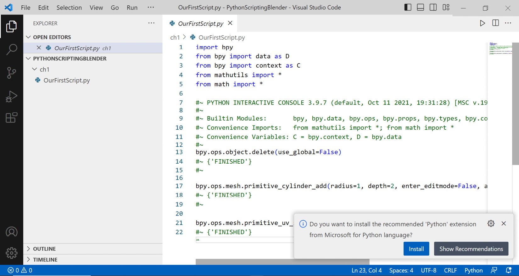 Figure 1.23: Our Python script in VS Code