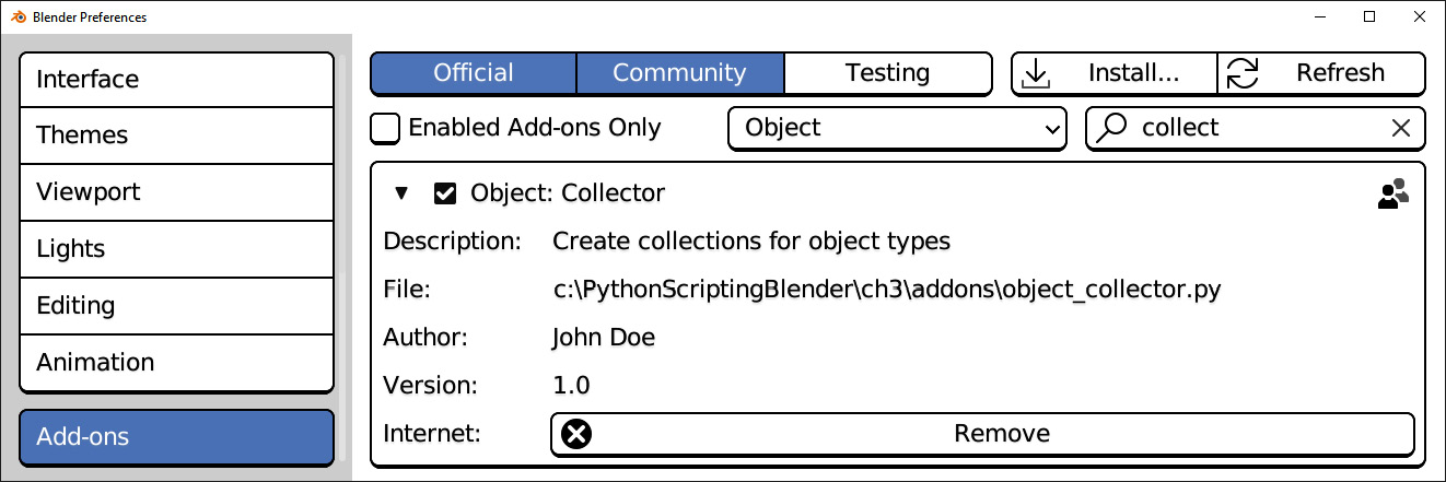 Figure 3.7: The Collector add-on, loaded from the project folder