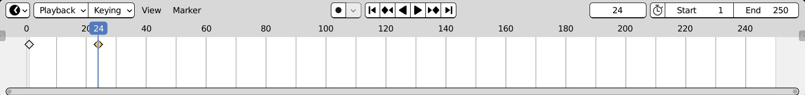 Figure 7.13: The animation Timeline. Frames 1 and 24 have keyframes