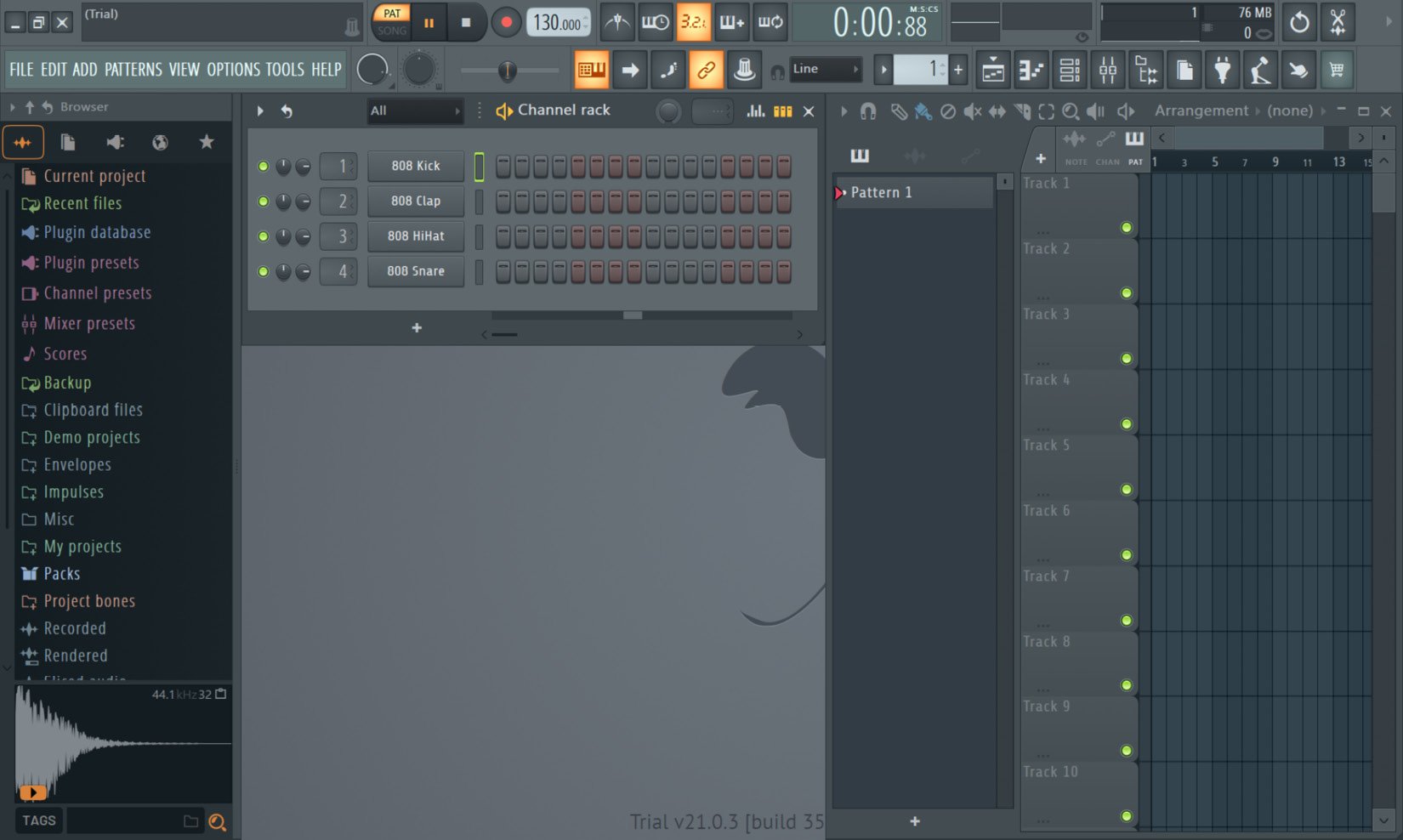 Figure 1.1: On the left, you will see the Browser, and in the middle, you will see the Channel Rack