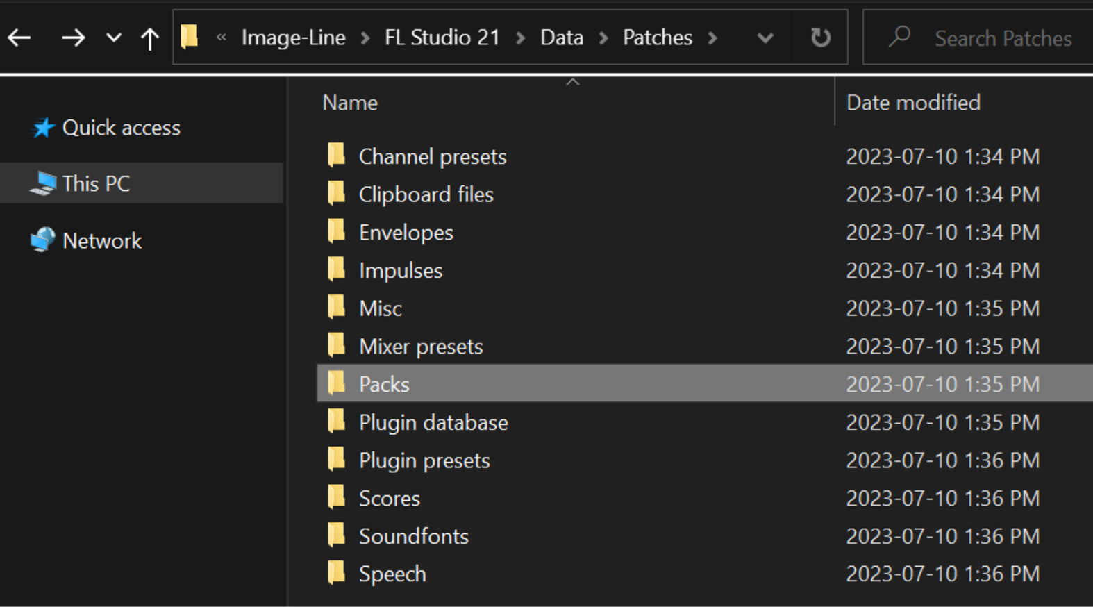 Figure 1.3: Windows Explorer folder, Packs