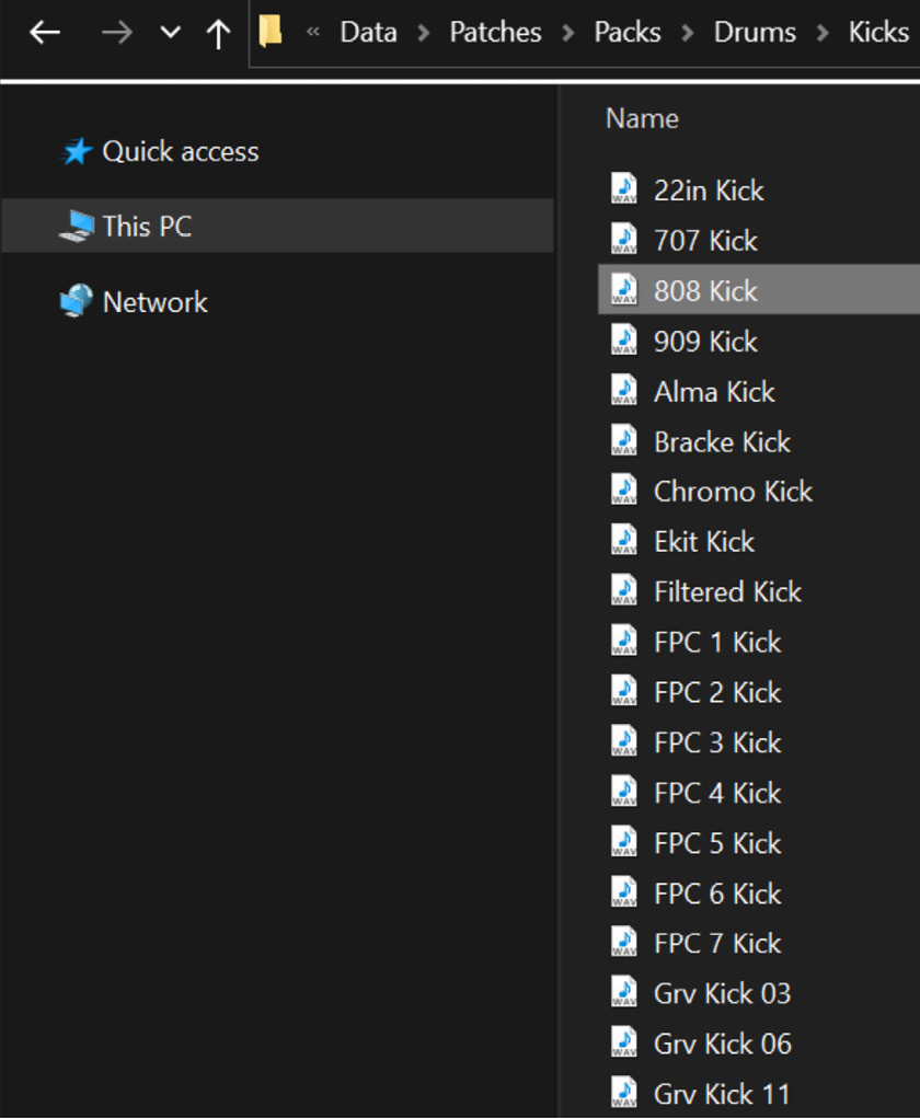 Figure 1.6: Windows Explorer | FL Studio 20 | Data | Patches | Packs | Drums | Kicks