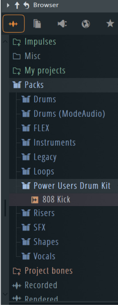 Figure 1.8: The Power Users Drum Kit within the Packs folder within the FL Studio Browser