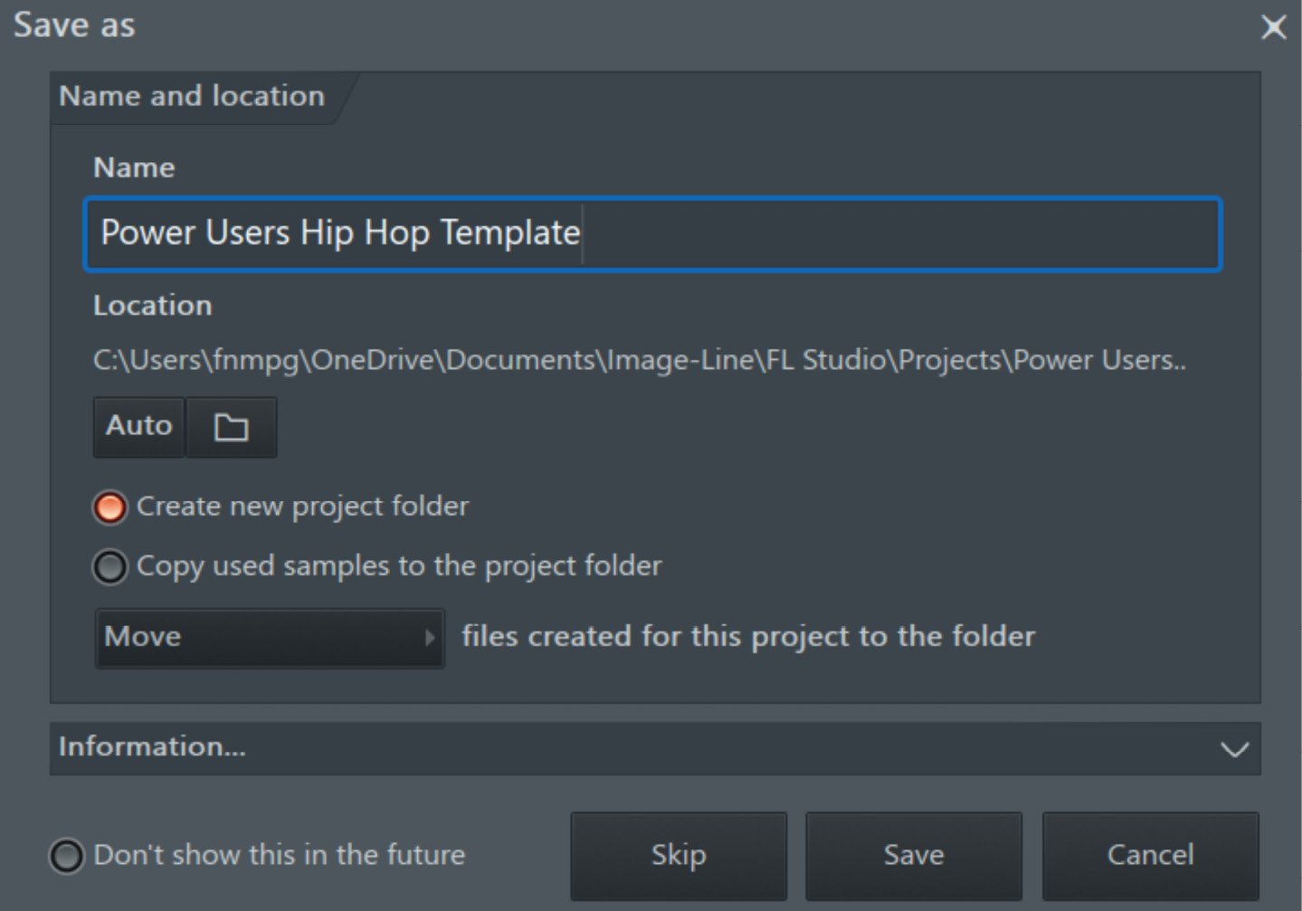 Figure 1.13: FILE | FL Studio | Projects | Save As | File name