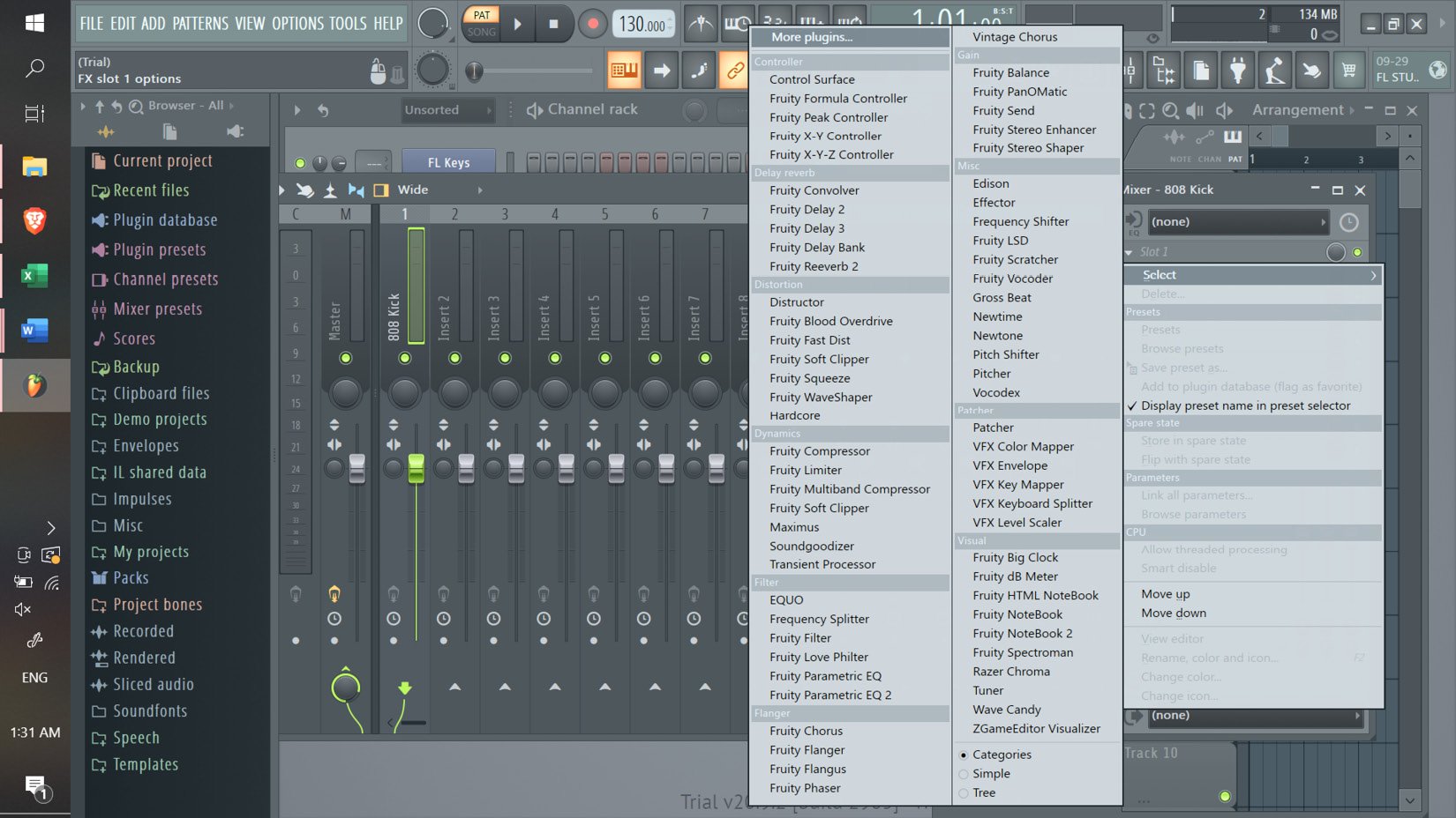 Figure 1.21: The mixer, channel selection, 808 Kick, plugin input