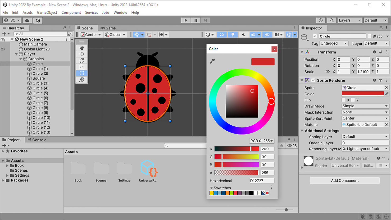 Figure 1.8 – The Ladybug Sprite Renderer component and the Color Picker dialog