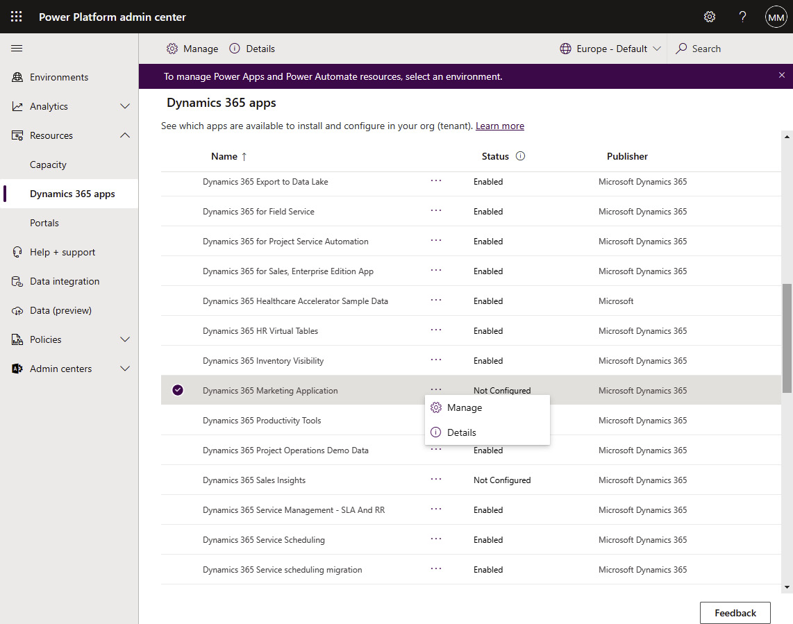 Figure 1.1 – Power Platform admin center – Dynamics 365 apps
