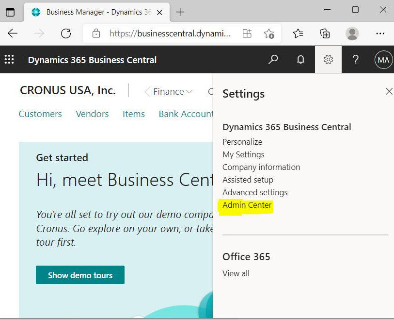 Figure 1.1 – Admin Center in Settings
