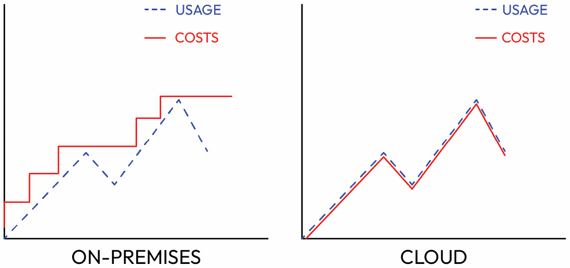 Figure 1.4 – Cost patterns depending on usage for on-premises and cloud infrastructure