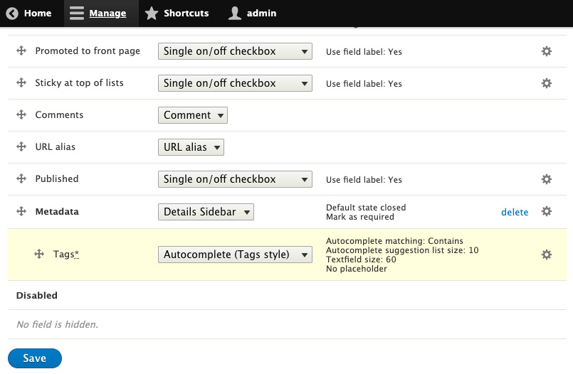 Figure 2.3 – The Manage Display form with the Tags widget moved underneath the Metadata field group component