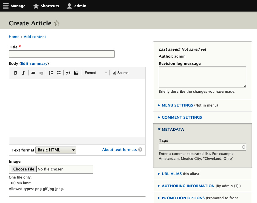 Figure 2.4 – The Article edit form, with the Tags element in the sidebar