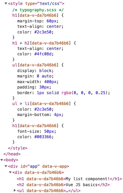 Figure 1.42 – How the virtual DOM uses data attributes to assign scoped styles