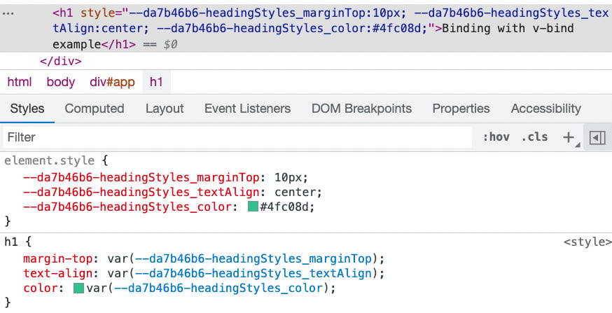 Figure 1.46 – Devtools inspection shows the inline styles with hashed custom properties generated