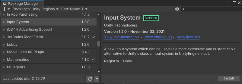 Figure 20.2: Finding the Input System in the Package Manger