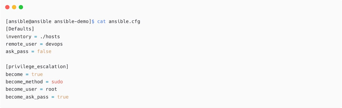 Figure 1.16 – Another ansible.cfg sample with privilege escalation parameters
