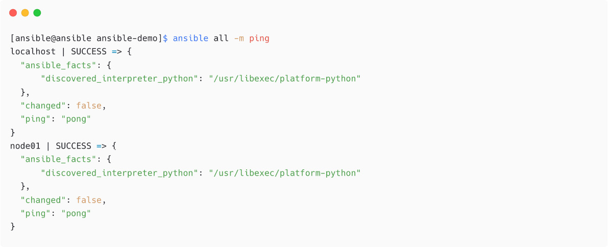 Figure 1.33 – Ansible ad hoc command using ping module 
