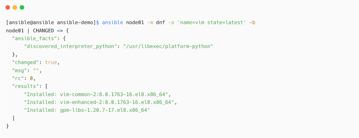 Figure 1.38 – Installing package using dnf module and privileged mode 
